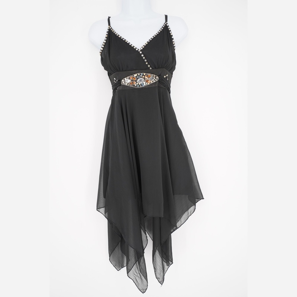 Womens Y2K Whimsigoth Fairy Dress Small Black Asymmetrical Rhinestone